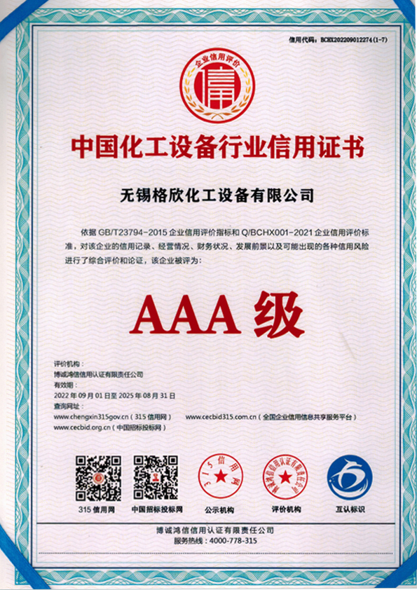 中国化工设备行业信用证书